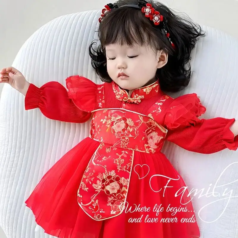 

Платье для девочки, весенне-осенний костюм в стиле Тан, детское красное платье с длинными рукавами, платье на день рождения