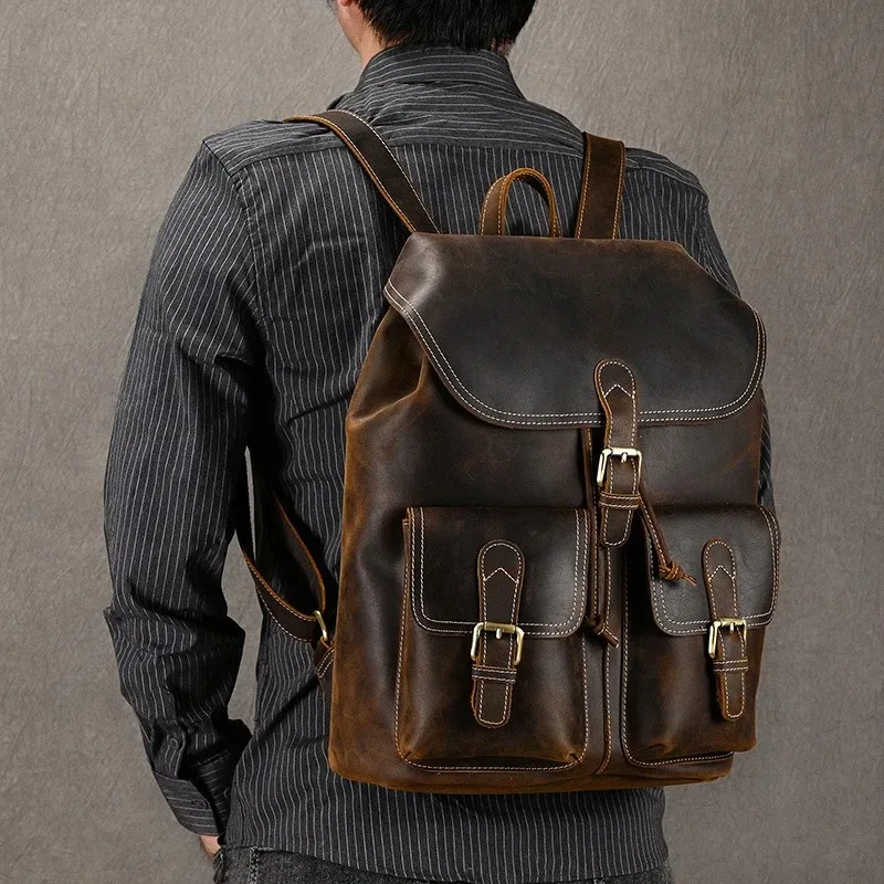 Genuine Leather Backpack Men Vintage Crazy Horse Leather Bucket Daypack Large Capacity Male Travel Backpack School Bags