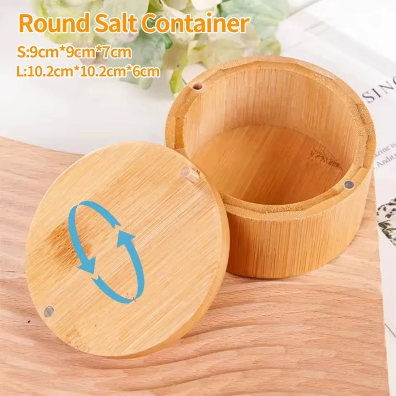 

NEW Bamboo Salt Cellar with Magnetic Swivel Lid Round Wooden Storage Container for Salt, Pepper, Sugar Herbs Seasoning (1Pc)