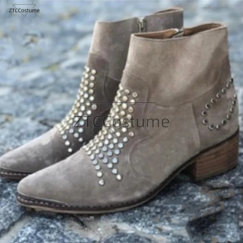 Girls European and American Medieval Retro Side Zipper Thick Heel Sequin Hot Diamond Large Size Women's Short Boots