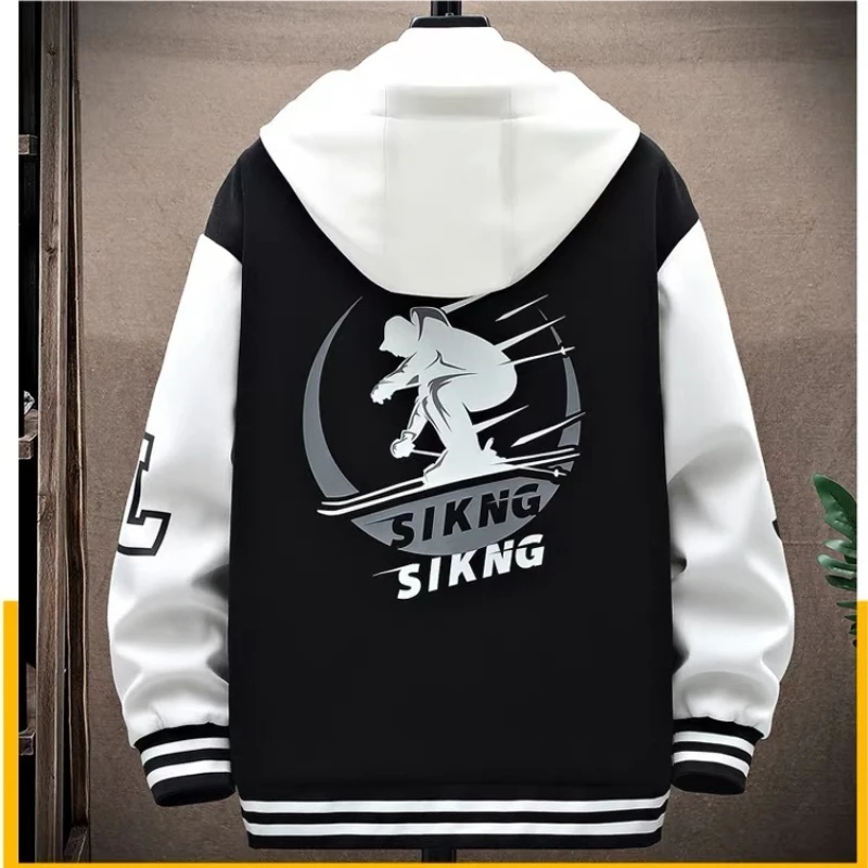 2026 New Men's Baseball Jacket Blue Black Zip-Up Hooded Jacket Autumn Korean Style Casual Outerwear Fashionable Men's Clothing