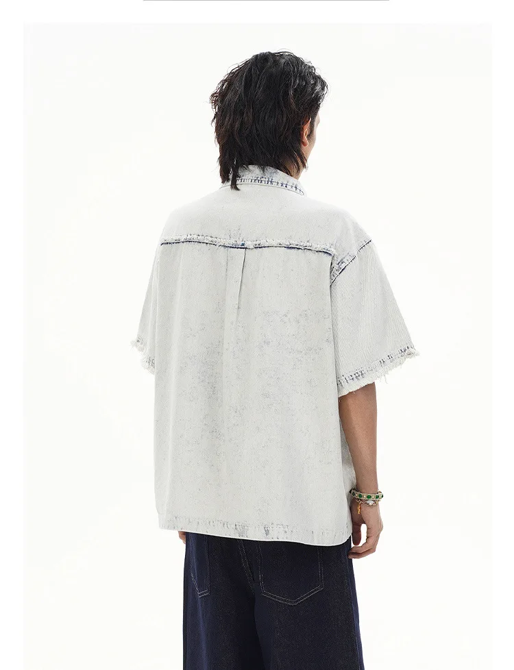 Men's Fashion Vintage Jeans Shirts High Street Loose Fit Oversized Hip Hop Shirt Washed Retro Summer Short Sleeve Denim Tops