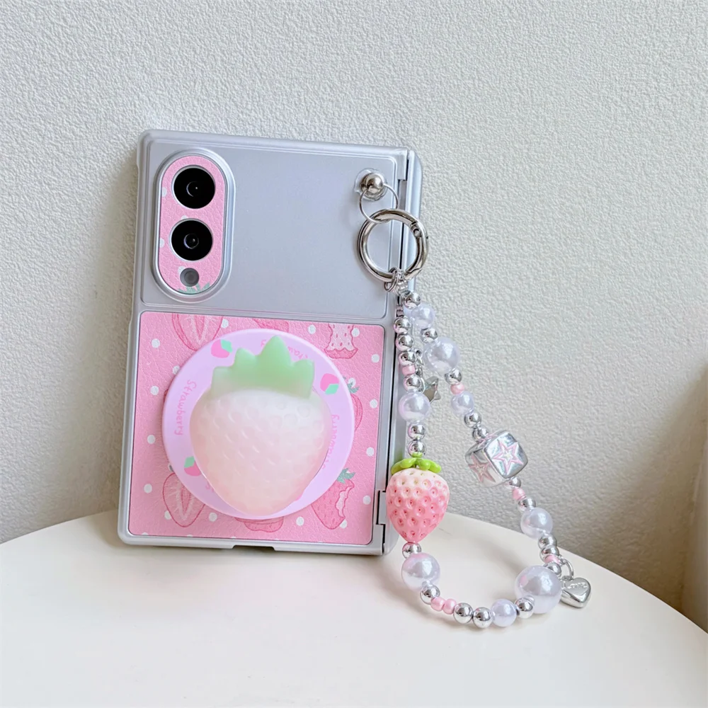Cute 3D Strawberry Magnetic stand Phone Case For Samsung Galaxy Z Fold 8 Ultra Pink Cover With Strawberry Pearl Beaded Chain
