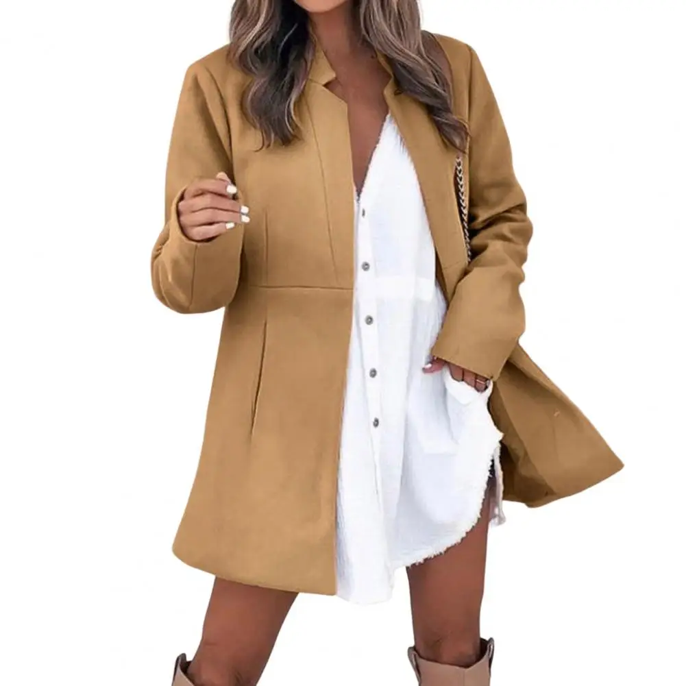 Women Autumn Winter Sweaters Cardigan Slim Mid-length Coat Jacket Open Front Faux Blend Stand Collar Long Sleeve Outwear