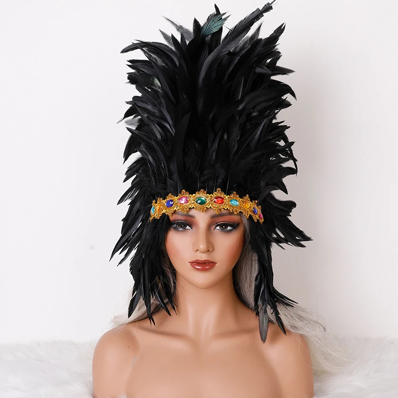 Vintage Women's Funky Chief Headdress Feathers Headband Halloween Costume Performances with Rhinestones Adjustable Accessory