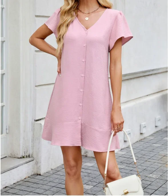 Letnia Sukienka Damska Modna Jednolita Kolor Dekolt V Pasek Guziki Kardigan Krótki Rękaw Sukienka Codzienna Uniwersalna Modna Sukienka Koszulowa