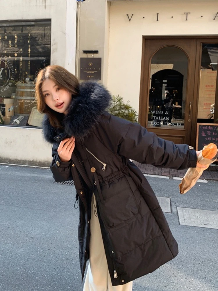 여성용 두꺼운 따뜻한 푹신한 패딩 재킷 신상 겨울 오버사이즈 탑 의류 한국 스타일 긴 후드 화이트 덕다운 코트 여성용