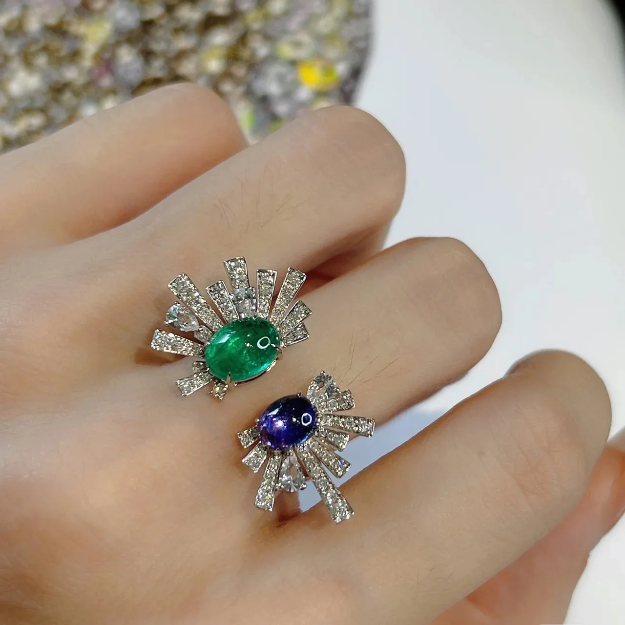 High end silver 925 Full Diamonds Two tone Flower rings for women Adjustable Beautiful Blue green gemstone Ring Banquet Jewelry