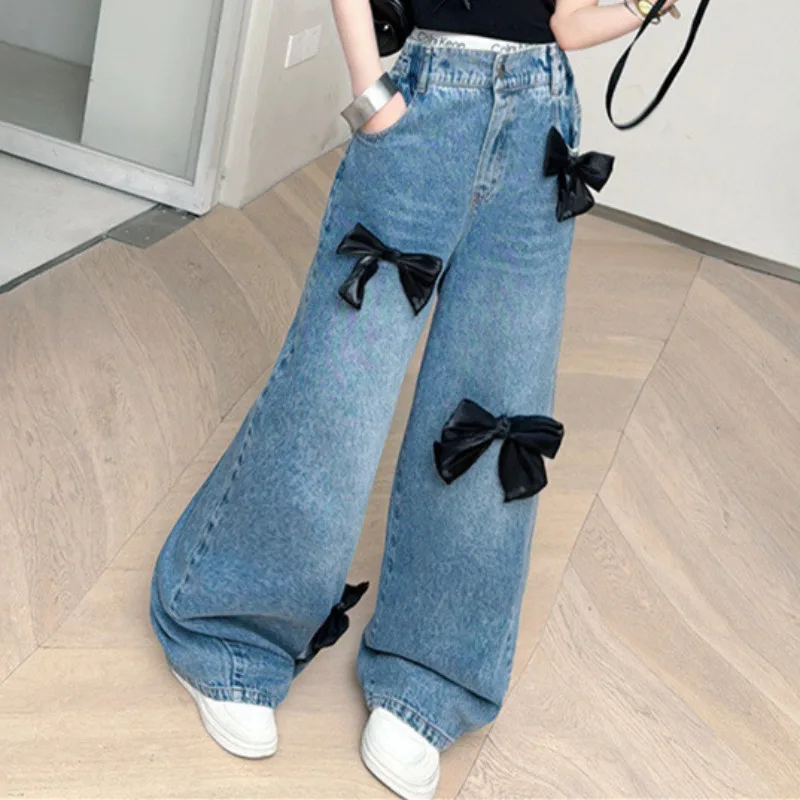 Teenage Girls Street Bow Jeans Elastic Mid Waist Loose Kids Denim Trousers New 2027 Spring Fashion Children Cute Wide Leg Pants