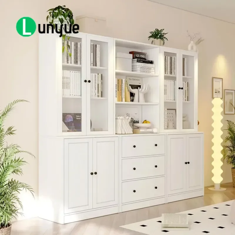 Modern 6 Tier Wooden Bookcase with Glass Doors and 3 Large Drawers Space Saving Versatile Storage for Home Office Restaurant