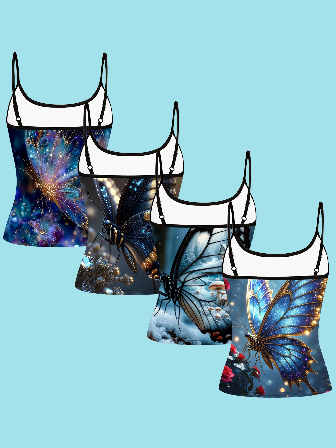 4-Piece Set of Dreamy Gold Butterfly-Themed Camisole Set with Starry Sky and Ice Butterfly Patterns, Slim-Fit Women's Inner Wear Tank Top