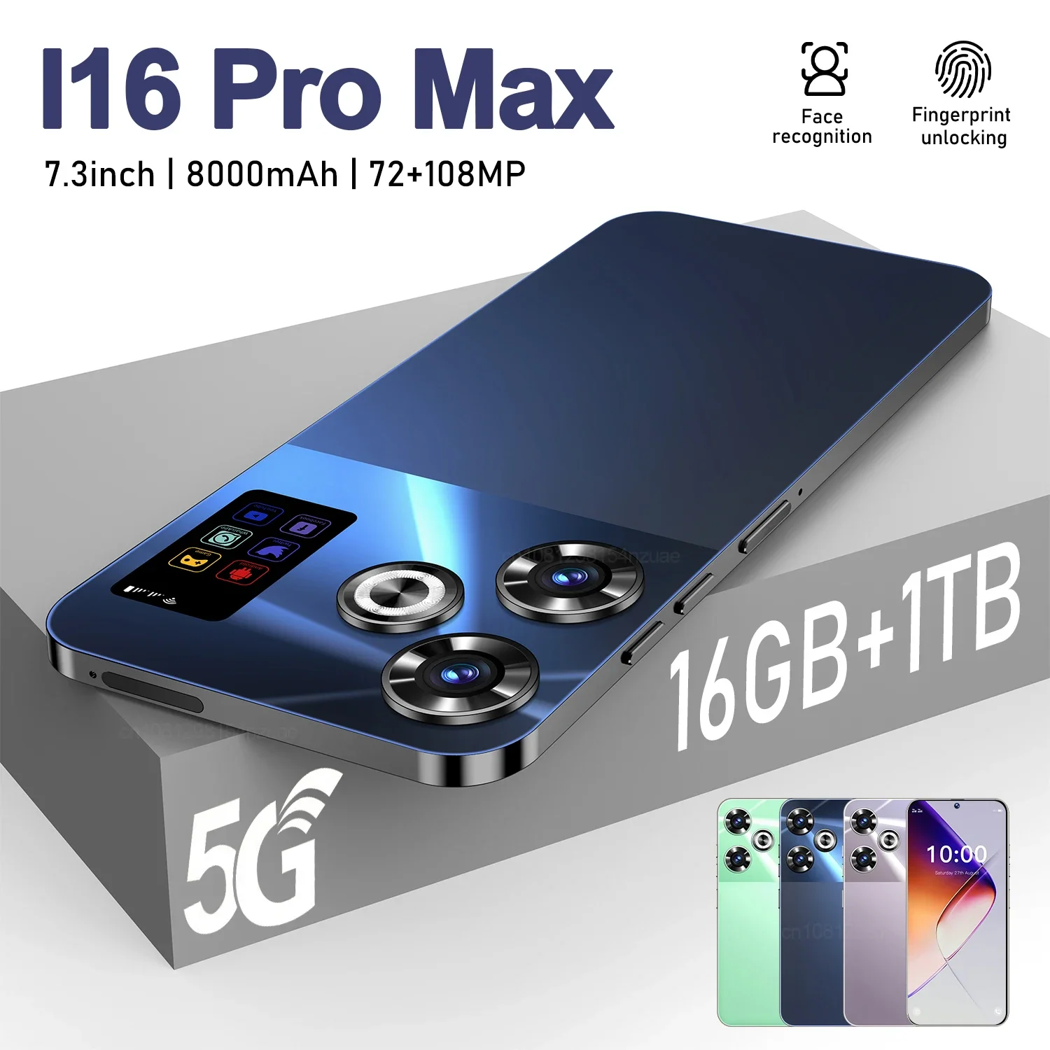 Original i16 Pro Max Smartphone 5G 7.3inch Snapdragon 8gen3 22G+2TB Cell Phone Dual SIM MobilePhones 8000mAh Android 14 NFC