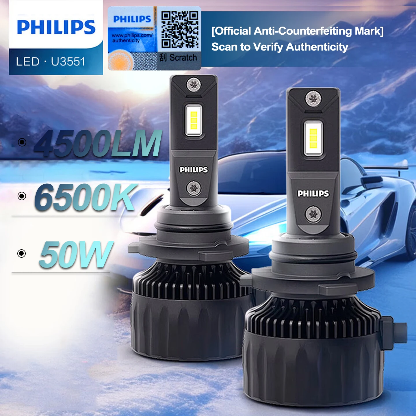 Ampoule LED Philips Ultinon Rally 3551 H4 H7 H11 HB3/4 9006 9005 HIR2 pour phares de voiture, 6500K blanc, puissance maximale 50W, luminosité maximale 4500lm