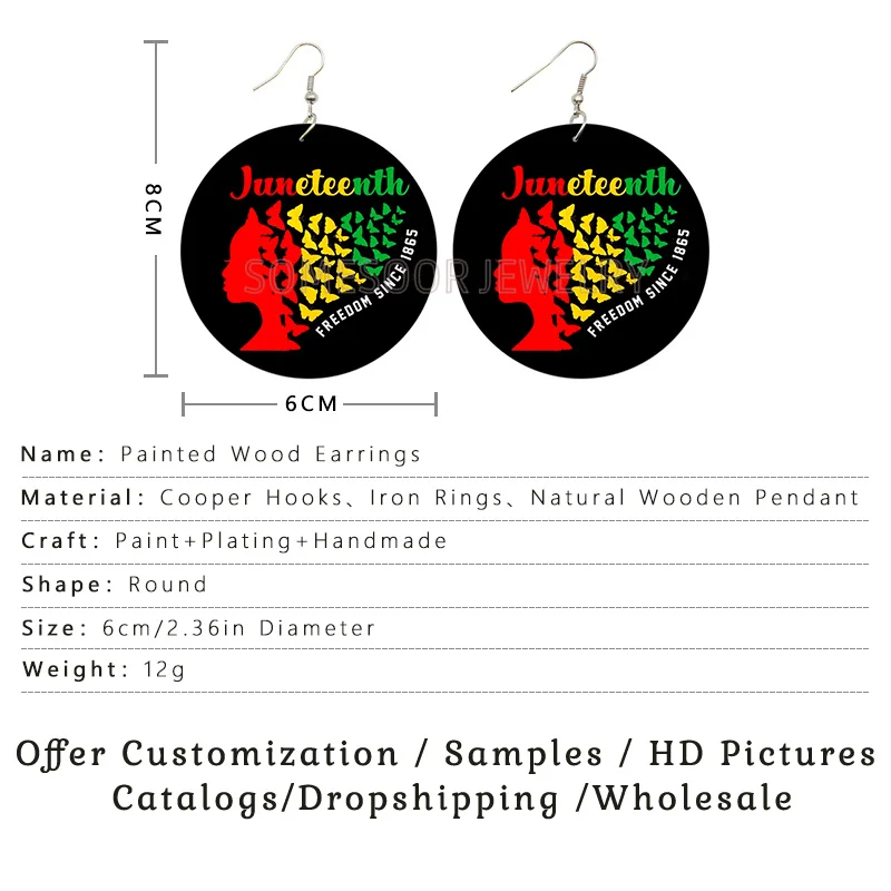 SOMESOOR Black Freedom Wooden Drop Earrings Celebrate Juneteenth God Blessed June 19 Fashion Pendant Dangle For Women Girls Gift