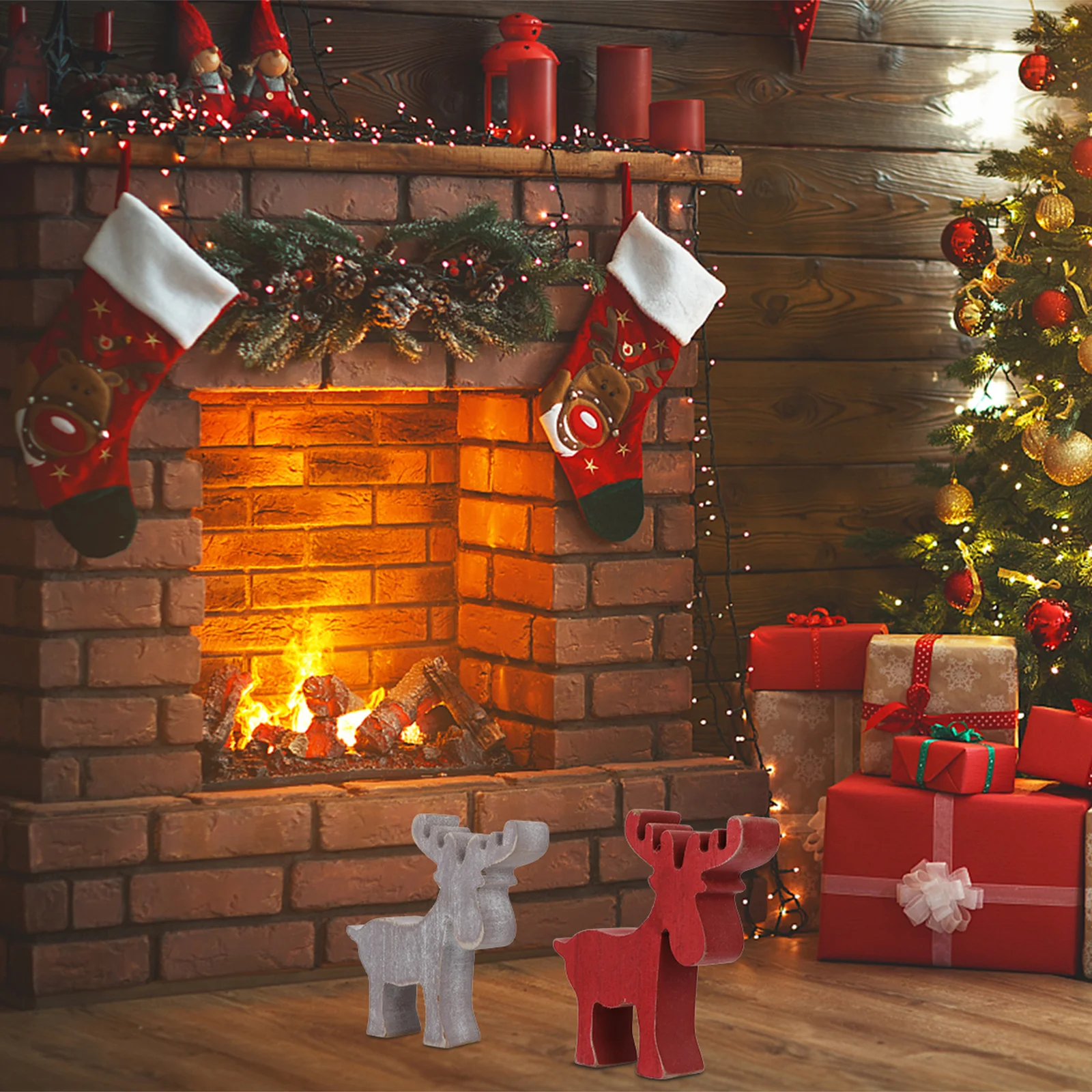 

Wooden Mini Deer Adornments Set Red Grey Hand-Made Christmas Decoration No Odor Strong Structure Festive Party Home Decor