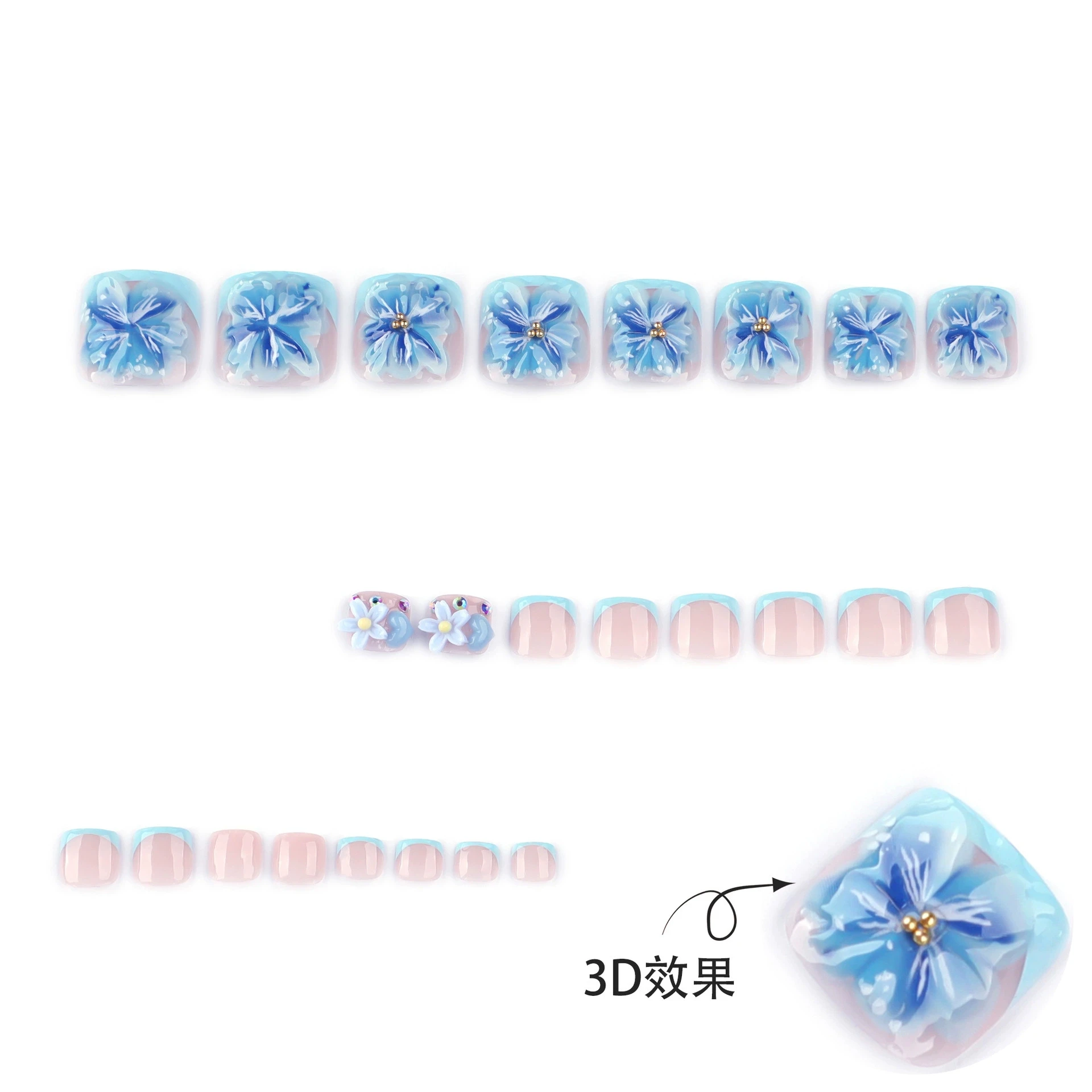 24 stks Ins Stijl Blauwe 3D Bloem Nep Teennagels Druk Op Nagels Verwijderbare Korte Franse Kunstnagels Flash Diamond Decor Voeten Nail Art