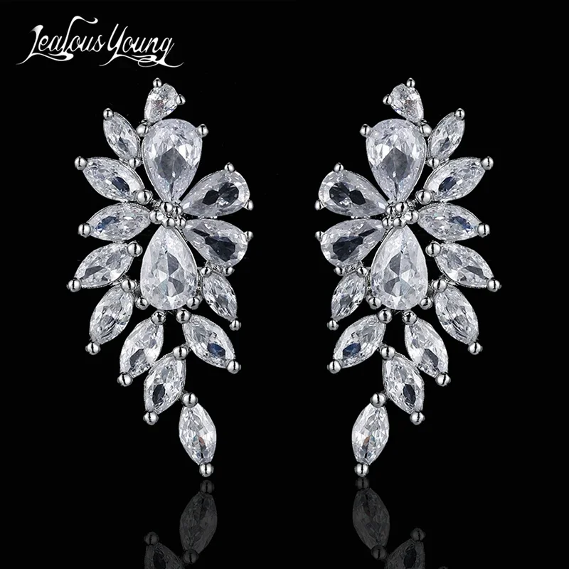 Marquise Flower Zirconia Crystal Long Drop Earrings for Women Shiny Leaf CZ Stone Bridal Wedding Dangle Earrings Jewelry