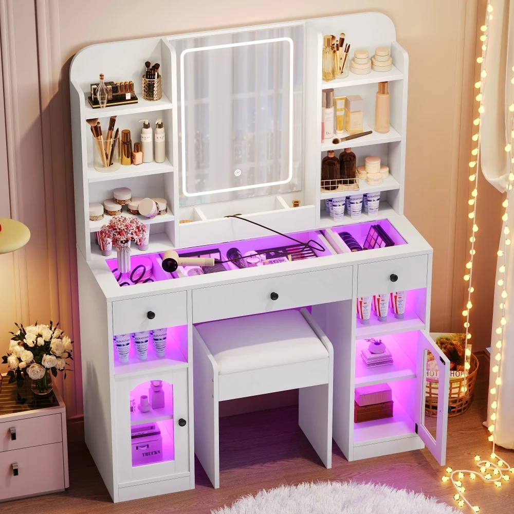 

43.2" Vanity Desk: LED Mirror & Lights, Glass Top, RGB, 3 Drawers, Shelves & Stool, White