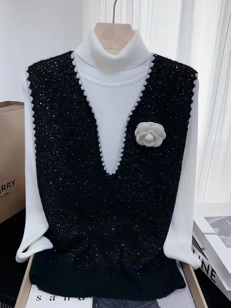 

Винтаж 202, осень-зима, новый женский однотонный универсальный пуловер с высоким воротом и длинными рукавами, свитер и теплый вязаный жилет, топ, шикарный комплект