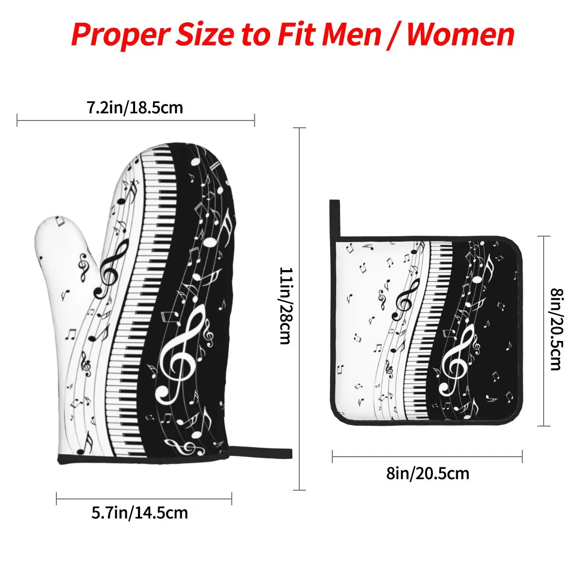 Abstract Piano Keys With Musical Notes Oven Mitts and Pot Holder Sets of 4 for Baking Cooking BBQ Resistant Non-Slip Gloves
