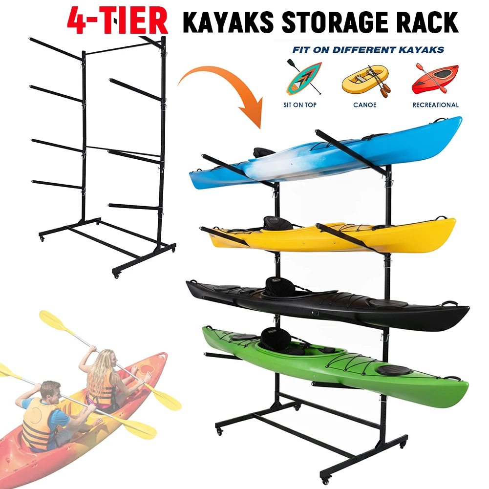 4-Tier Kayaks Storage Rack Rust-Proof Steel Frame Adjustable Storage Stand W/Swappable Wheels & Feet for Garage Dock Seaside Use
