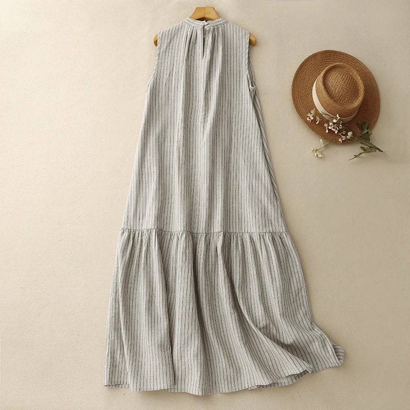 Women Long Dress Summer 2025 Cotton Linen Vertical Strips Loose Boho Casual Streetwear Holiday