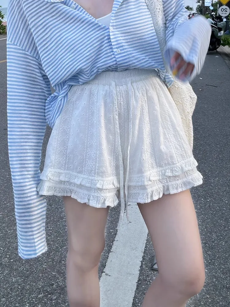 

plus Size Women's White Lace Trim Splice orts High Waist Slimming Loose Casual Wide Leg Pants Hot Pants Summer Faion