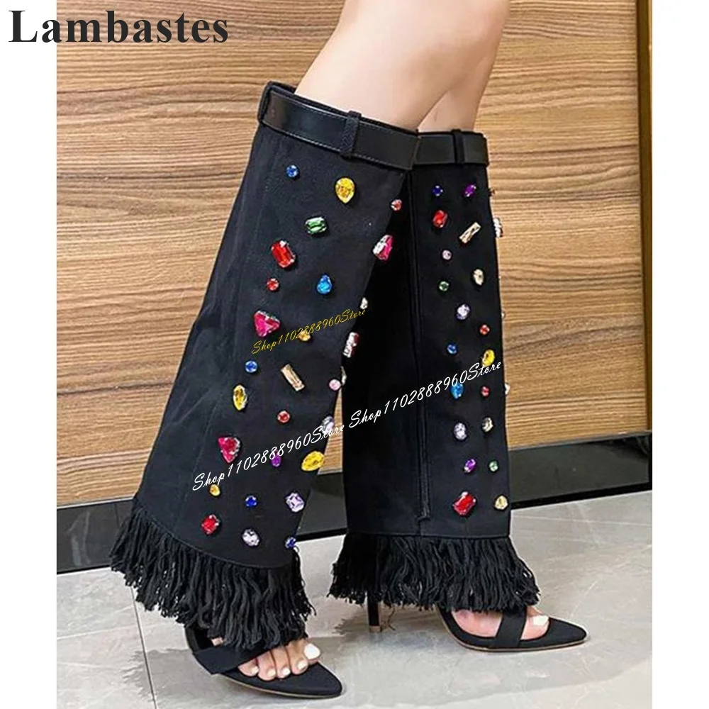 

Black Denim Turned Over Crystal Tassels Sandal Boots Thin High Heel Women Shoes Side Zipper Open Toe 2024 Zapatos Para Mujere