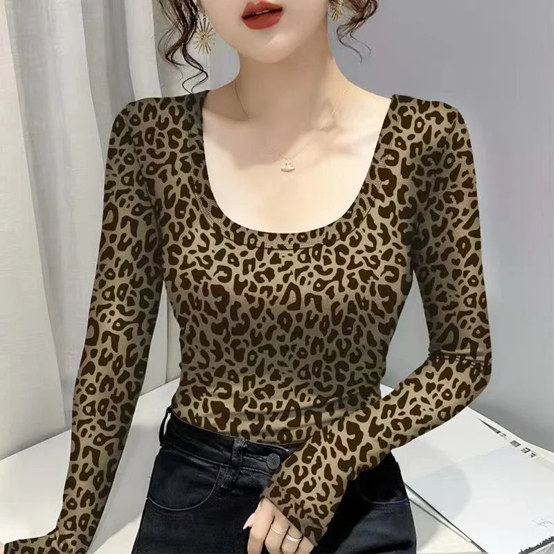 Female Tops Leopard Print Sexy Clothes 2024 Tshirts Crop Women\'s T Shirts Tees Slim Designer with Sleeves Aesthetic Fitted Emo O