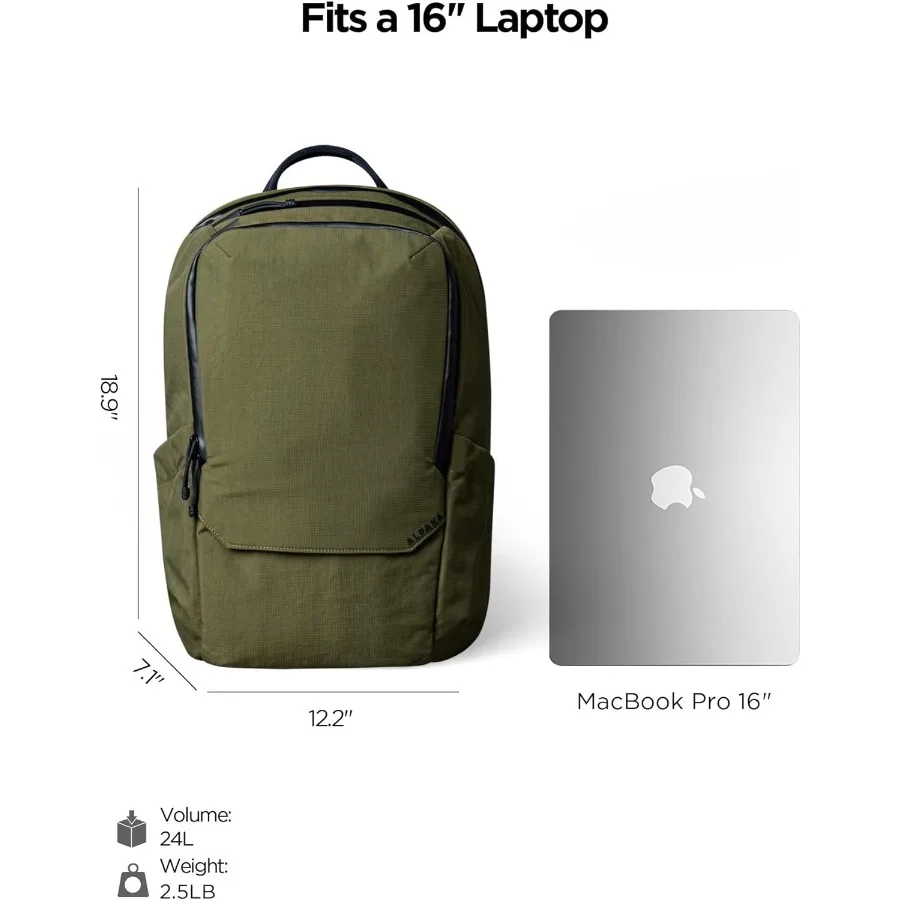 ALPAKA Elements Mochila Pro 24L - Mochila verde para computadora portátil para computadora portátil de 16 pulgadas con dos bolsillos para botellas Mochila de viaje para hombres