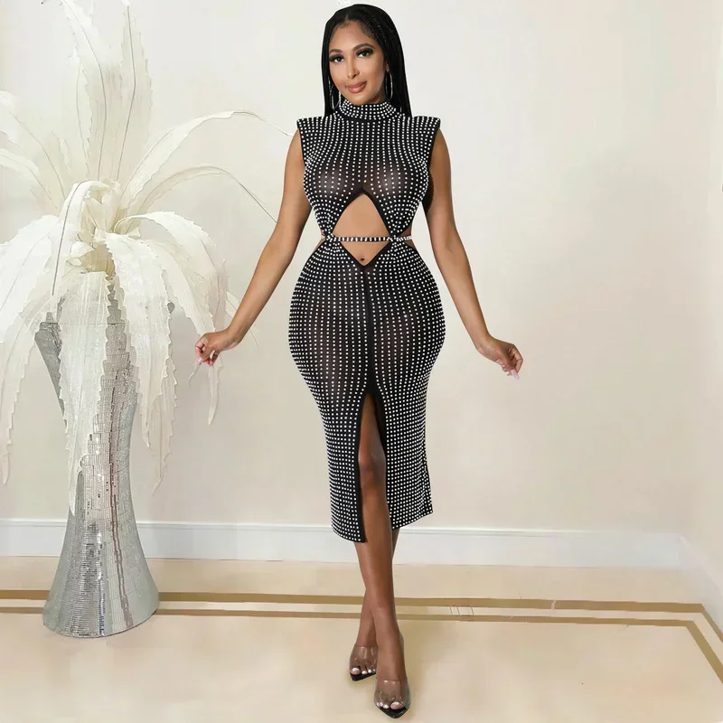 GUWU 메쉬 시스루 컷아웃 허리 트임 미디 다이아몬드 드레스 여성용 섹시 파티 클럽 시크 핫 라인스톤 선드레스