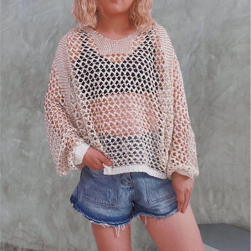 2023 Summer Loose Knitted Hollow Gold Thread Bat Sleeve Beach Sunscreen Cover Up Pullover Sweater