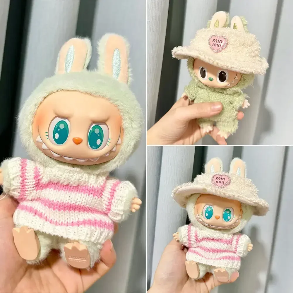 Mini Plüsch Doll\'s Kleidung Outfit Accessoires für Korea Labubu V1 V2 Idol Sitz party rosa und weiß gestreiften Pullover Kleidung