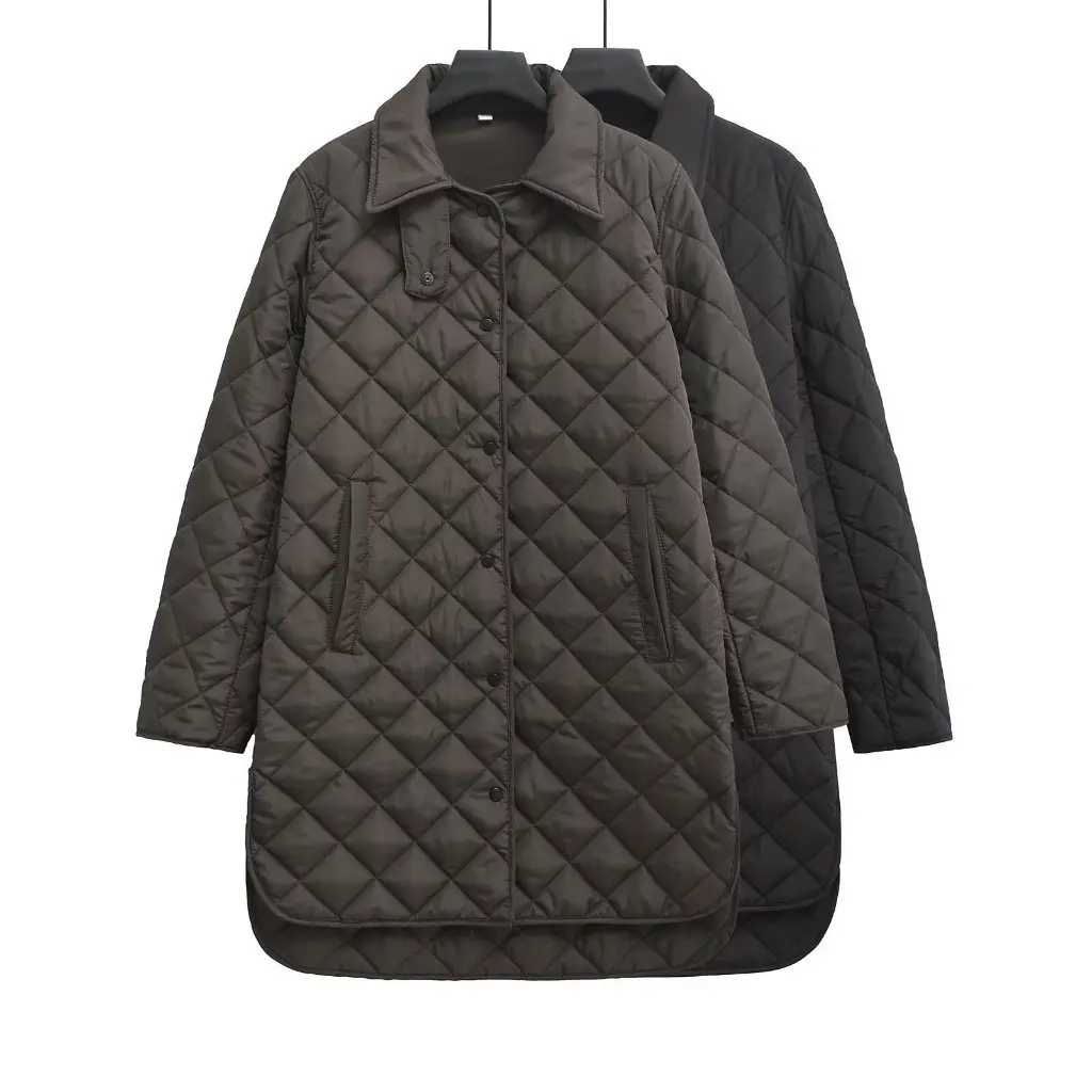Cappotto cocoon allentato da donna di nicchia nordica Giacca lunga in cotone trapuntata monopetto dal design rombico per l'autunno inverno