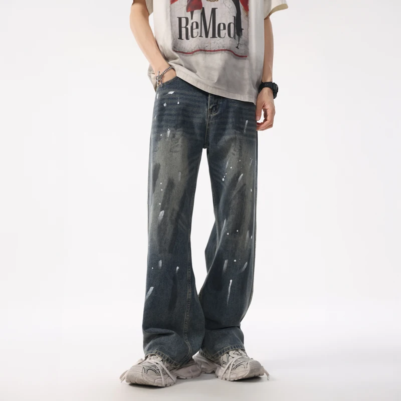 

XL8879High quality summer hipster jeans loose graffiti straight leg trousers high street retro washed nostalgia draggingtrousers