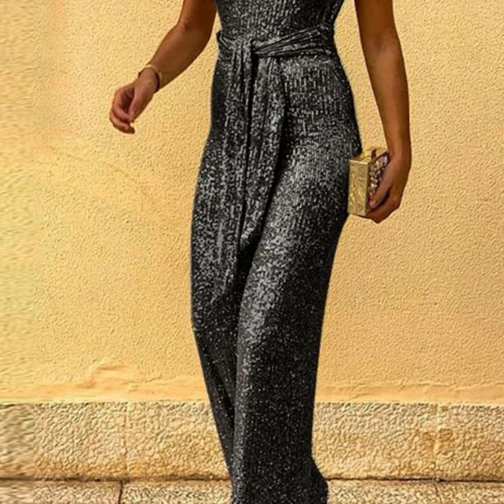 Sequin Jumpsuit Women Sleeveless Loose Glitter Straight One Piece Outfits Backless Lace Up Waist Party Clubwear 2XL 2022