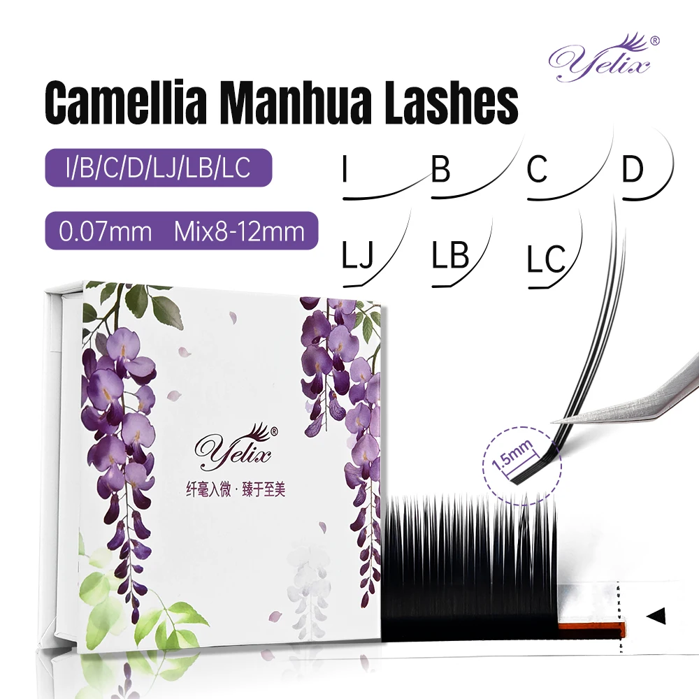 Pestañas Yelix Chinese Camellia Manhua, Extensiones de Pestañas con Raíces Más Cortas, Curvatura LB LC LJ, Suaves, Naturales y Ligeras