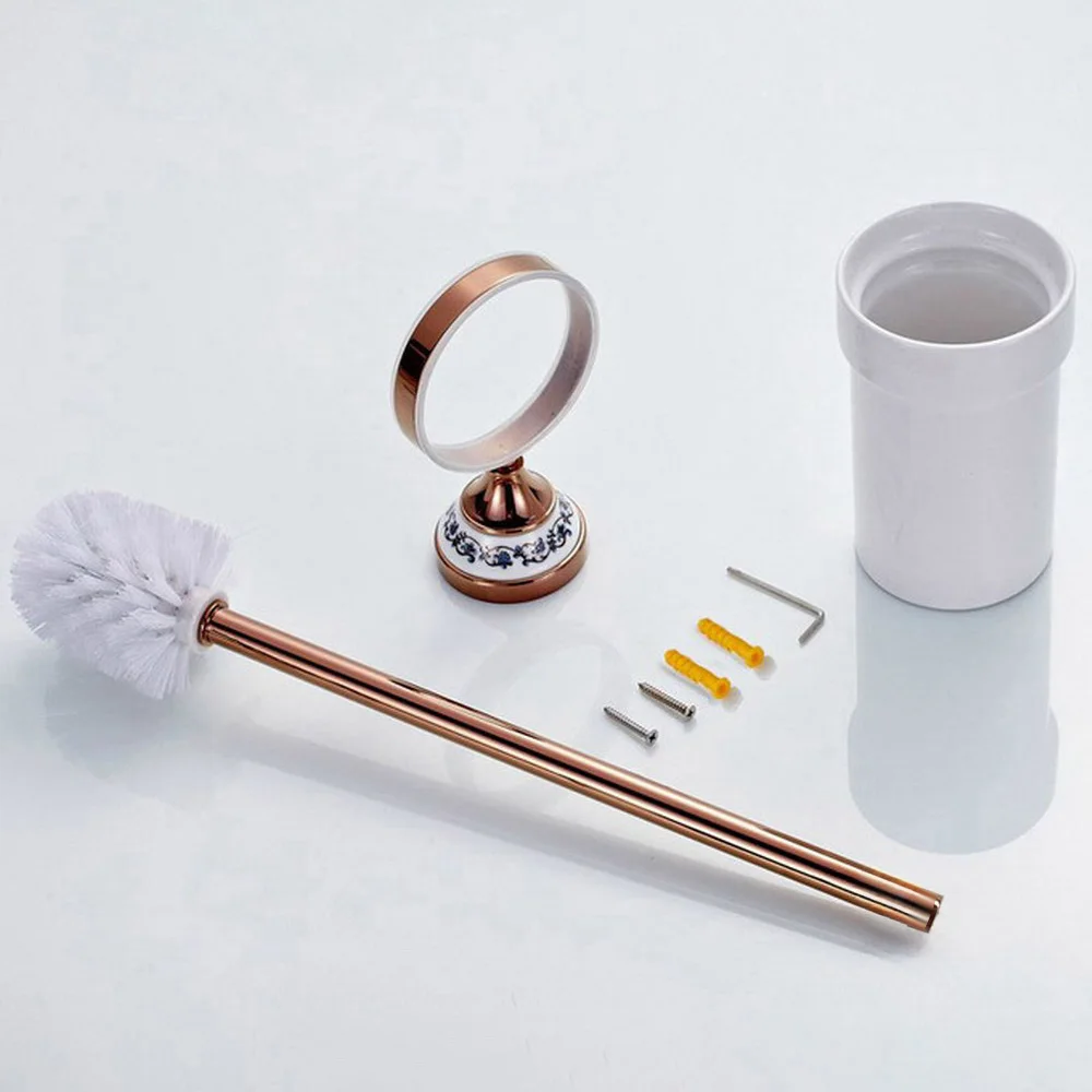 Ensemble de brosse de toilette murale et support, or rose, cuivre, laiton, brosse blanche, tasse en céramique, accessoire HOAccessory, aba387