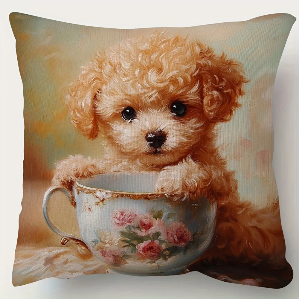 1pc Charming Teacup Poodle Decorative Pillow Cover, 18x18 Inch, Soft Short Plush with Floral Teacup Design, Zippered, Ideal for