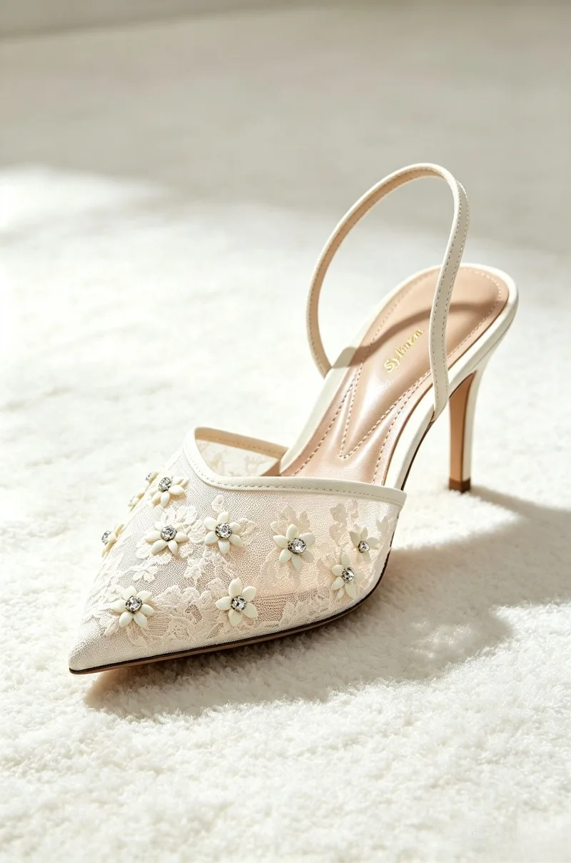 Luxury Mesh Embroidered Crystal Flower Detail Women's Pumps Fashion Pointed Toe Slingback Heels Elegant Wedding Brides Shoes - view 2