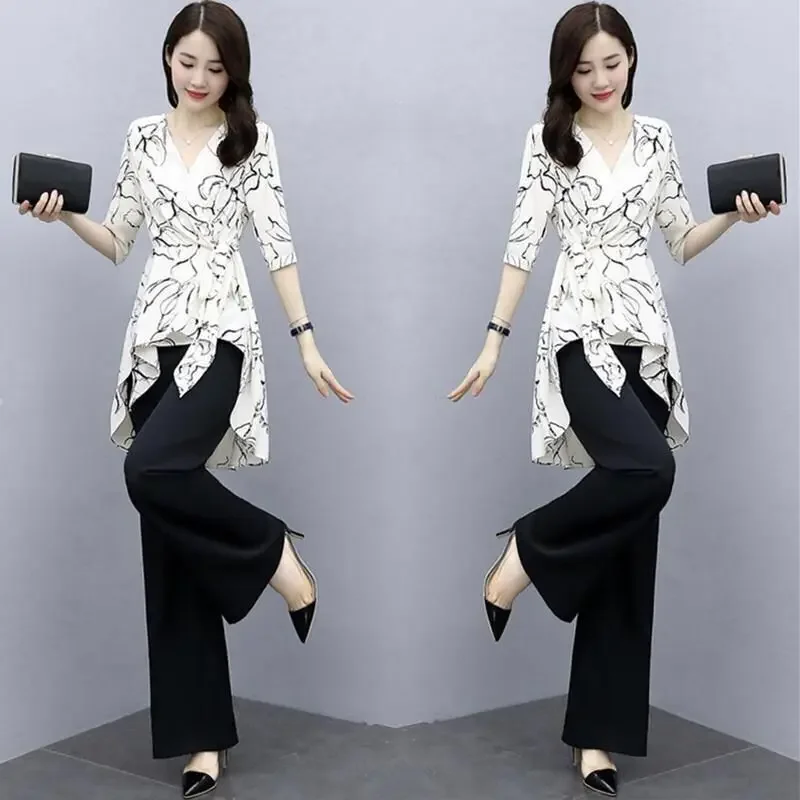 

Women's Casual Suit Summer 2025 New Fashion Two Piece Sets Wide Leg Long Pants Half Sleeve Crop Top Korean Style Printed Outfits