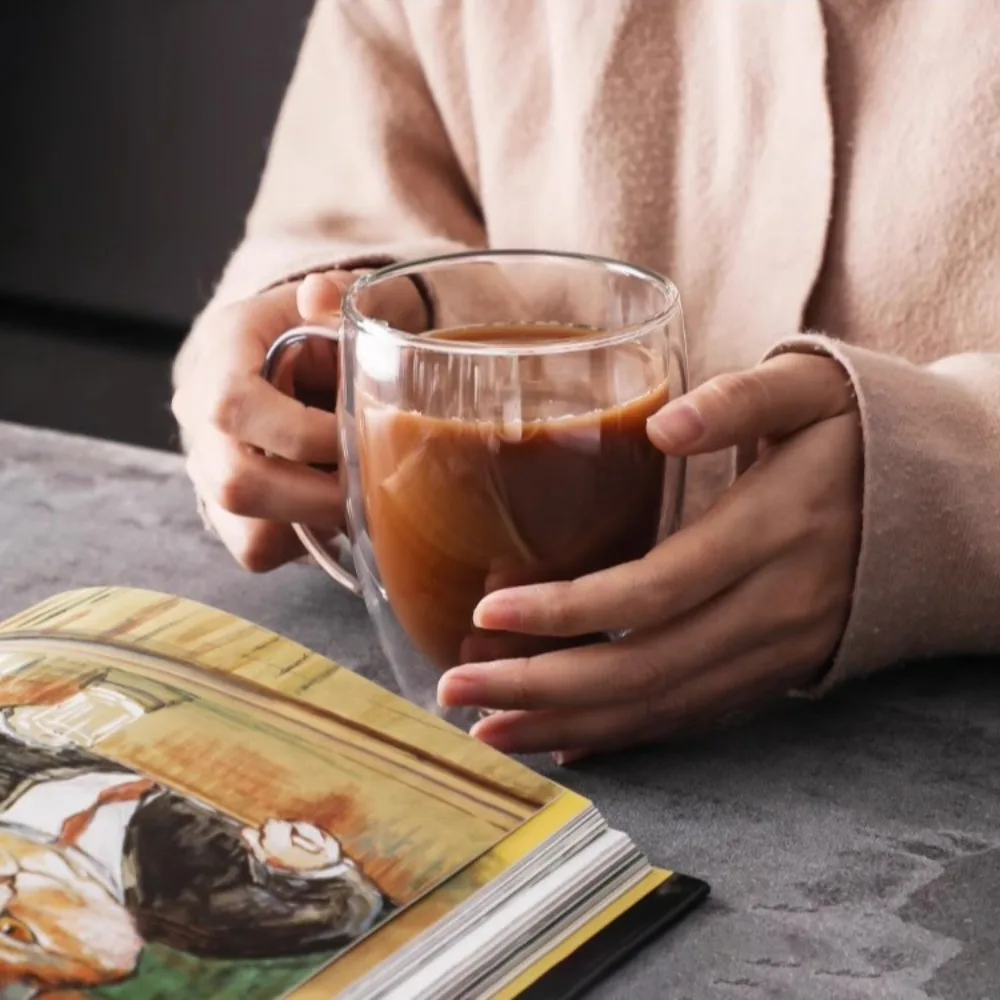 Double Layer Transparent Glass Cup Heat Resistant With Handle Coffee Milk Juice Water Cup