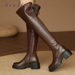 Meotina Women Genuine Leather Over-the-Knee Long Boots Round Toe Platform Thick High Heel Zipper Buckle Lady Shoes Autumn Winter