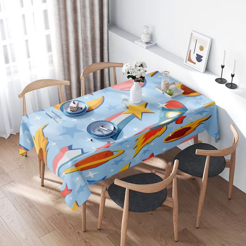 Синяя скатерть с принтом космической ракеты для украшения дома, детское праздничное полотенце для ужина, нескользящий водонепроницаемый прямоугольный чехол, мультиколо