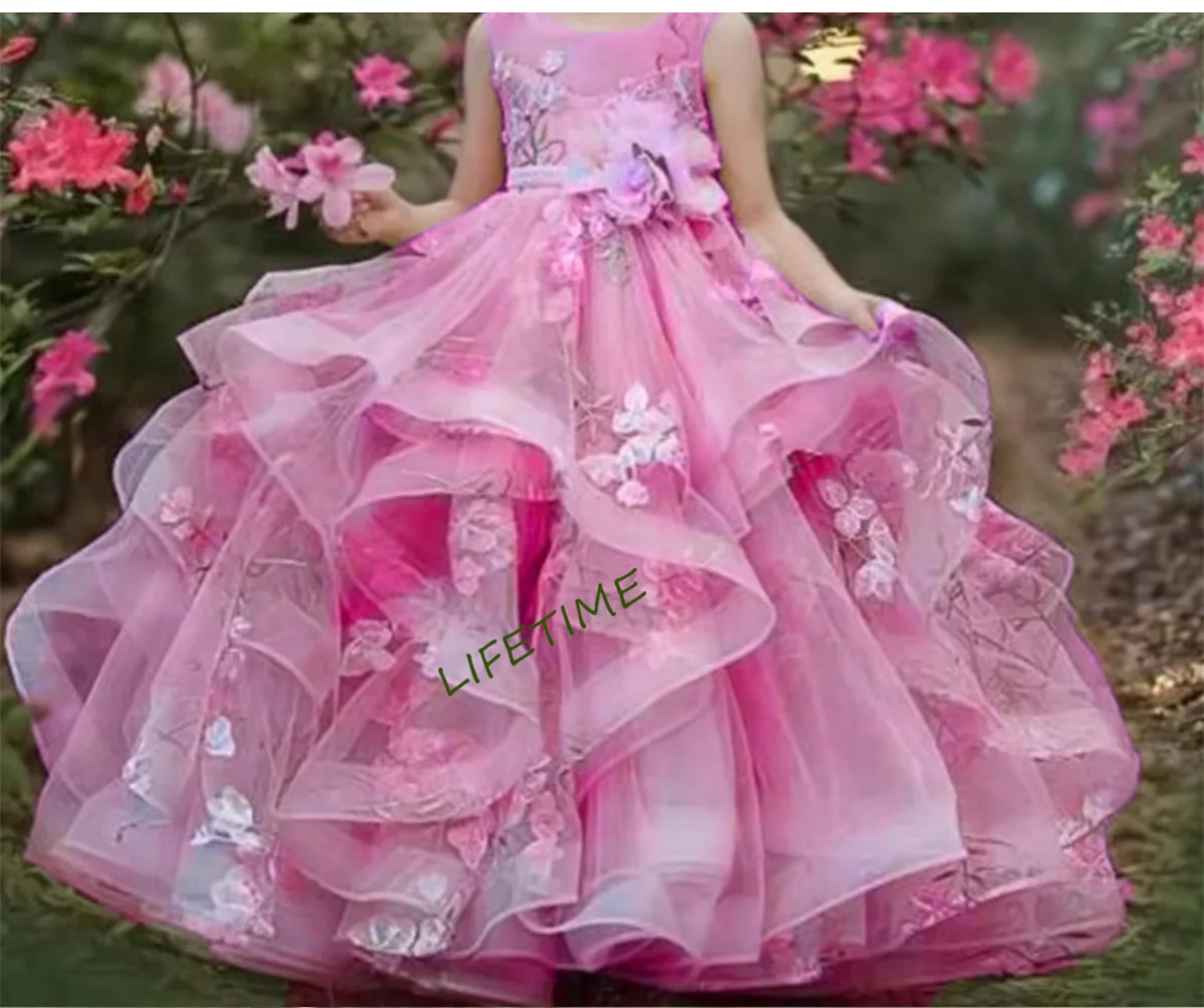 

Pink Flower Girl Dresses Organza Sleeveless Floor-Length Baby Girl Birthday Party Wedding First Communion Holiday Dress