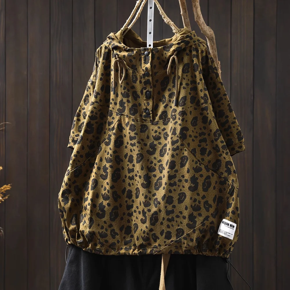 2025 Vintage animal leopard print hoodies for women pullover summer Spain style harajuku fashion short sleeve hooded shirts