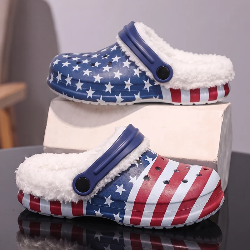 Kids Fleece Lined Clogs Boys Winter Warm Dinosaur Cartoon Plush Shoes Detachable Liner Non Slip Children Closed Toe Slippers