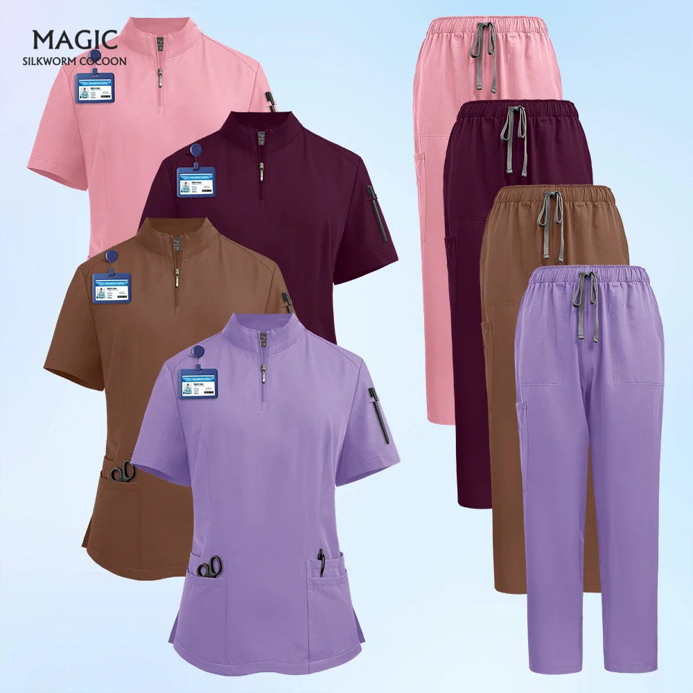 

Медицинская униформа унисекс с застежкой-молнией и вырезом, одежда для медсестры, комплект с подкусками, женская рабочая одежда для домашних животных, врачей, рабочая одежда для оральной стоматологической хирургии