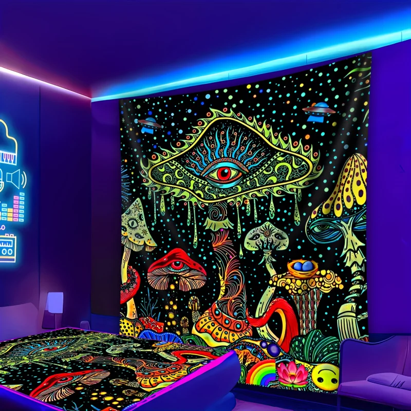 VIKAMA Giant Eye Mushroom Flying Saucer Mehrfarbiger Fantasy-Wandteppich Party Musik Festival Pop-Stil Schlafzimmer Wohnzimmer Dekoration