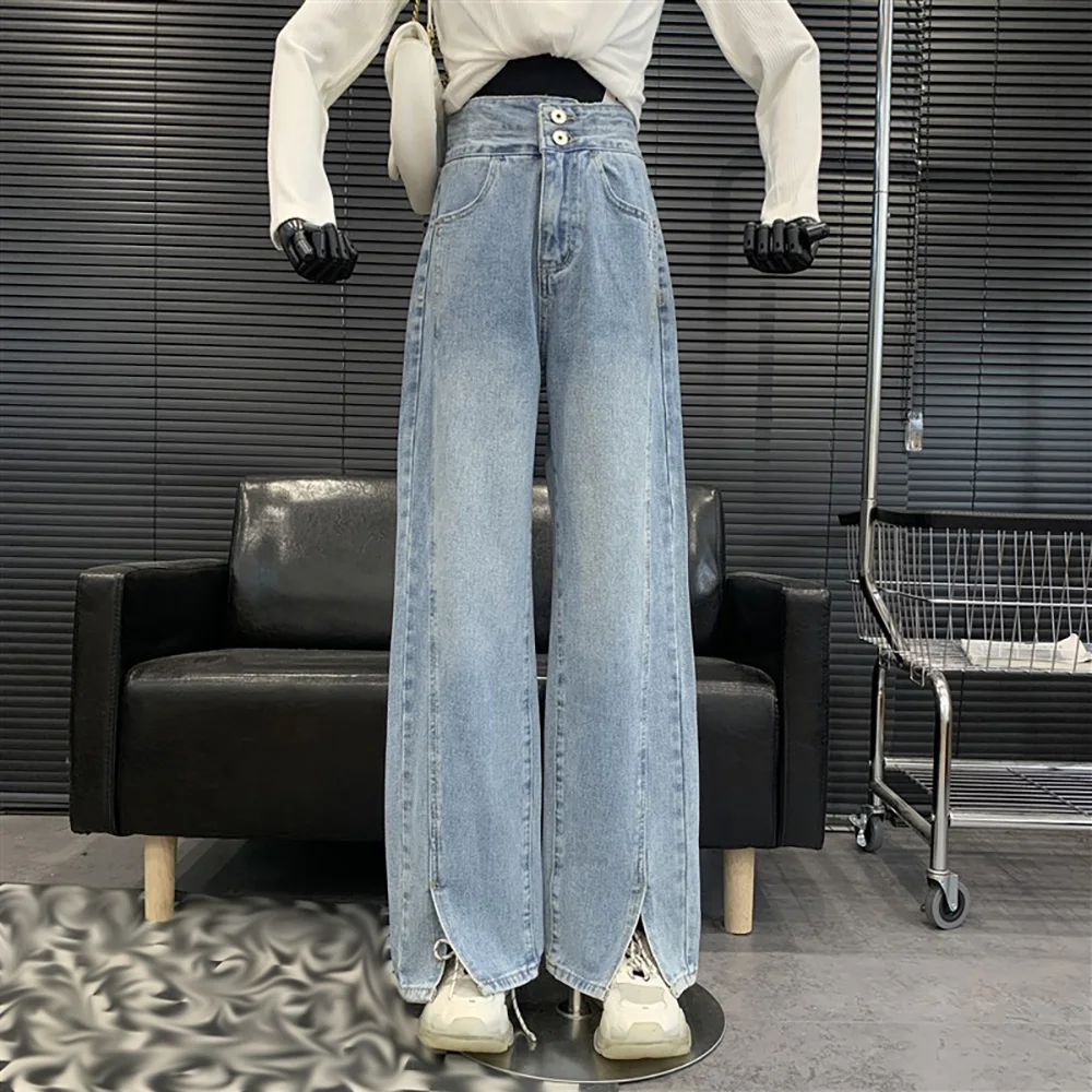 

Fashion High Waist Denim Pants Women Spring Autumn Streetwear Wide Leg Slit Trousers Female Casual Loose Straight Slim Jeans